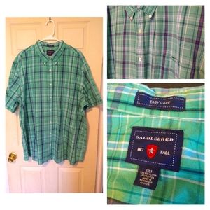 Saddlebred 3XLT Big & Tall Easy Care Short Sleeves Dress Shirt/Green, Blue Plaid